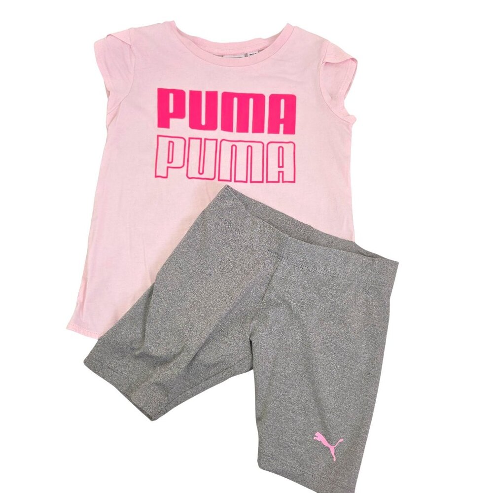 Puma Girls XS 5/6 Pink T-Shirt & Grey Shorts Activewear Set 4167